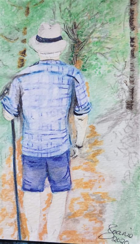 Watercolour of a person walking a woodland path with a stick